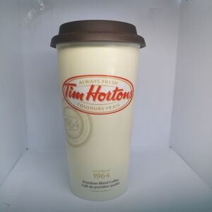 Vintage Tim Hortons 2012, 16 oz, Yellow/Brown Ceramic Mug with Silicone Lid, New